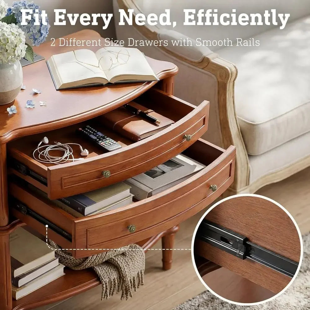 Wide Nightstand w/Charging Station & 2 Ders, Pre-Assembled, Vintage Side Table w/Antique-inished Pulls, Rustic Wood inish, End T