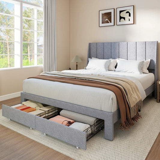 JHK Bed Frame with 2 Drawers Headboard Wood Slats Support Upholstered Platform Bed with and Storage Bed Frame for Home Bedroom