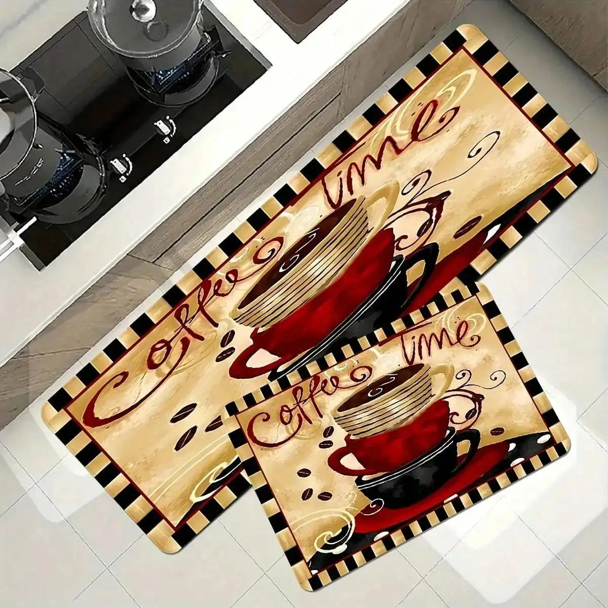 Coffee Time Door Mat - Red Cup Coffee Beans Kitchen Rug, Non-Slip Entrance Mat, Cafe Style Home Decor, Multiple Sizes