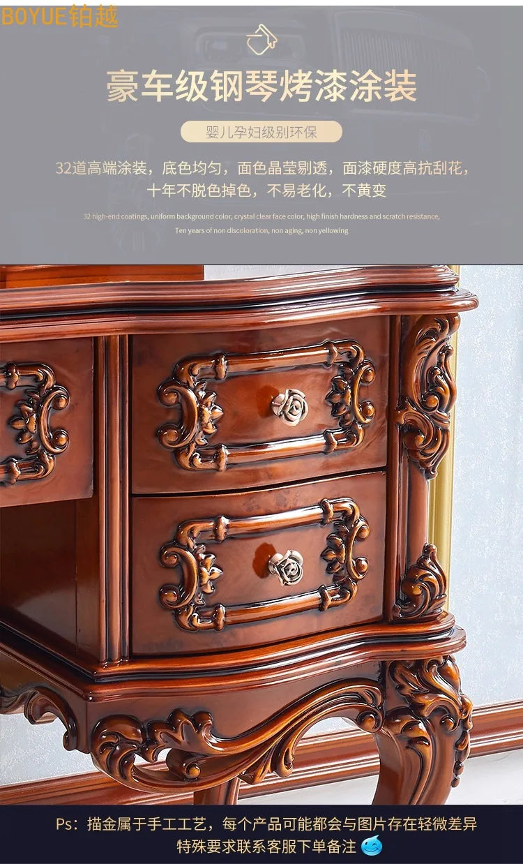 European dresser solid wood carving flower princess bedroom dressing table assembly dark retro American dressing table small apa
