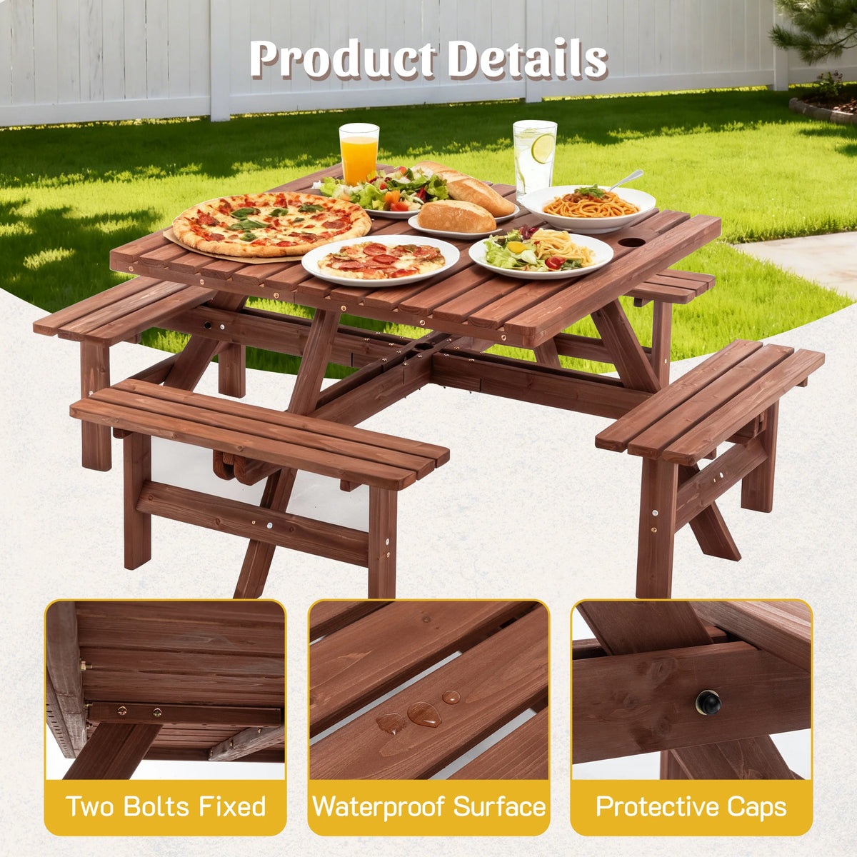8 Person Square Picnic Table Umbrella Hole Waterproof Reinforced Structure Easy Clean Outdoor Dining Set Backyard Garden Camping