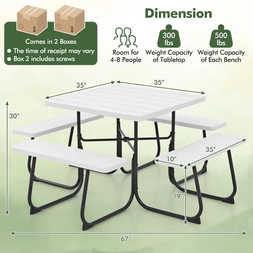 4-8 Person Square Picnic Table Bench Set with Umbrella Hole, Outdoor Camping Table HDPE Material Metal Frame for Patio Garden