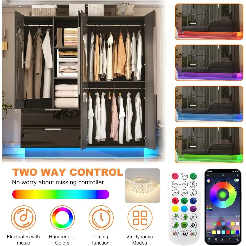 70” Tall 4 DoHigh Gloss Armoire Wardrobe Closet 2 Mirror, LED Lights, 2 Ders,63" ern Closet Wardrobe Cabinet with Shelves and Ha