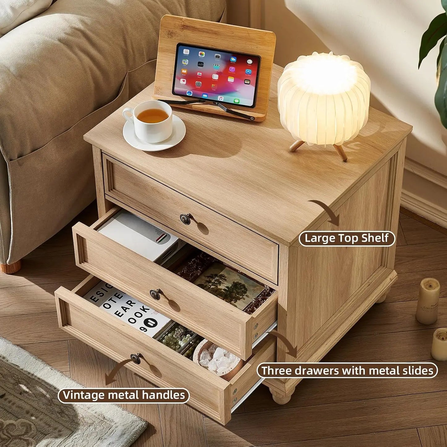 2 Pack Farmhouse 3 Drawer Bedside Cabinet, Wooden End Night Table With Metal Handles 24"W For Indoor Storage