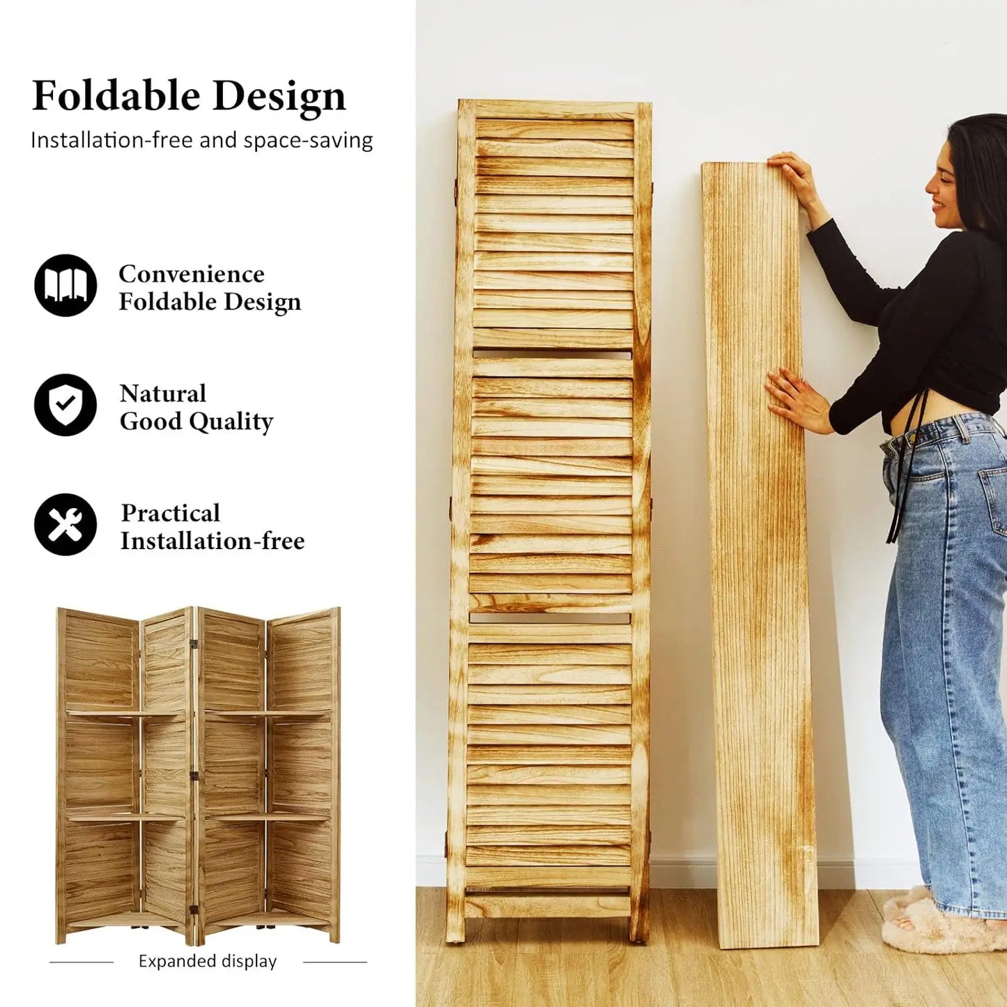 Partition Room Dividers, 67 * 51inch Folding Wood Privacy Screen with Three Display Shelves Suitable for Home, Customized