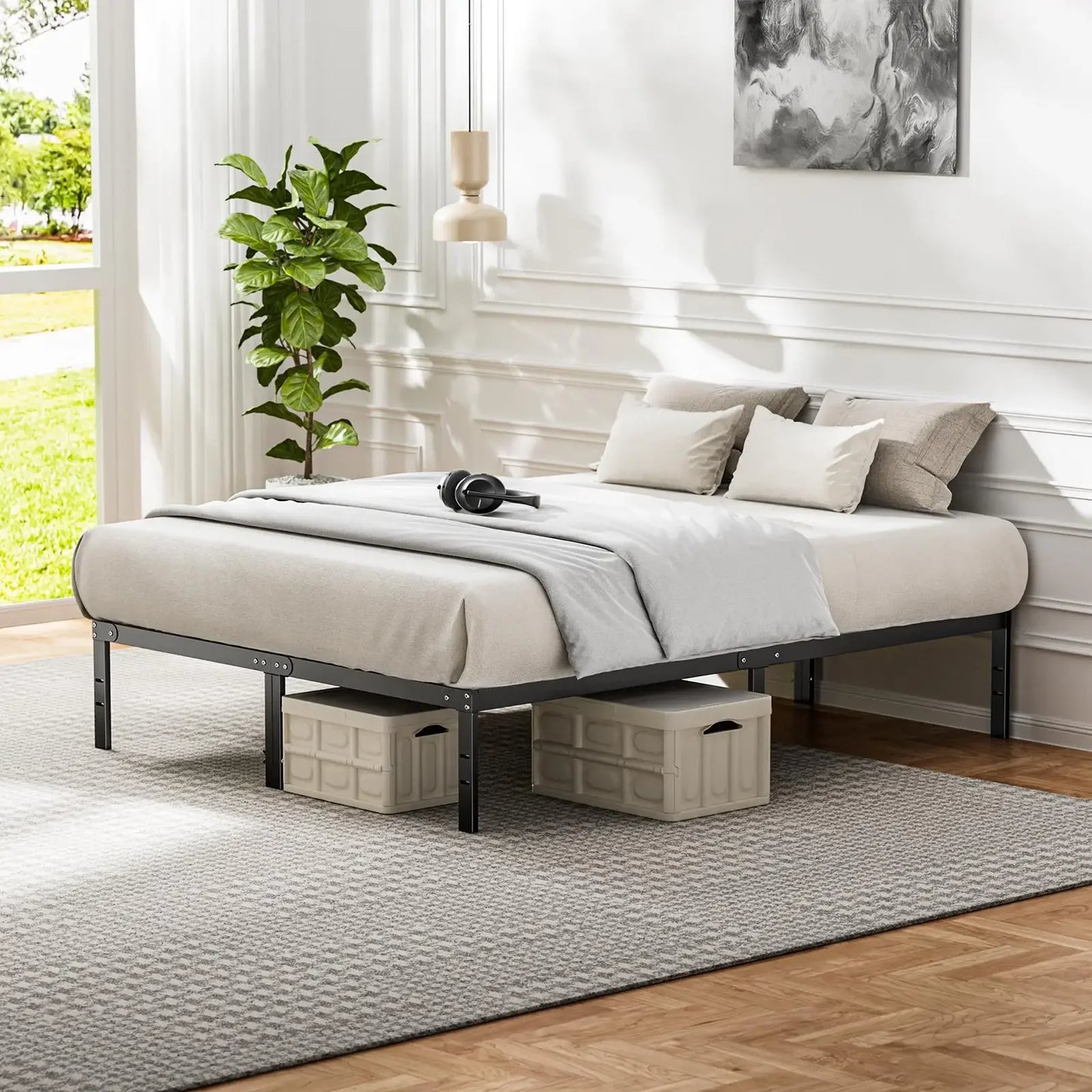 Heavy Duty Metal Bed Frame 14 Inch Platform Bed Base with Under Bed Storage Sturdy Steel Slat Support No Box Spring Needed Noise Free Mattress Foundation Easy Assembly Iron Bedroom Furniture