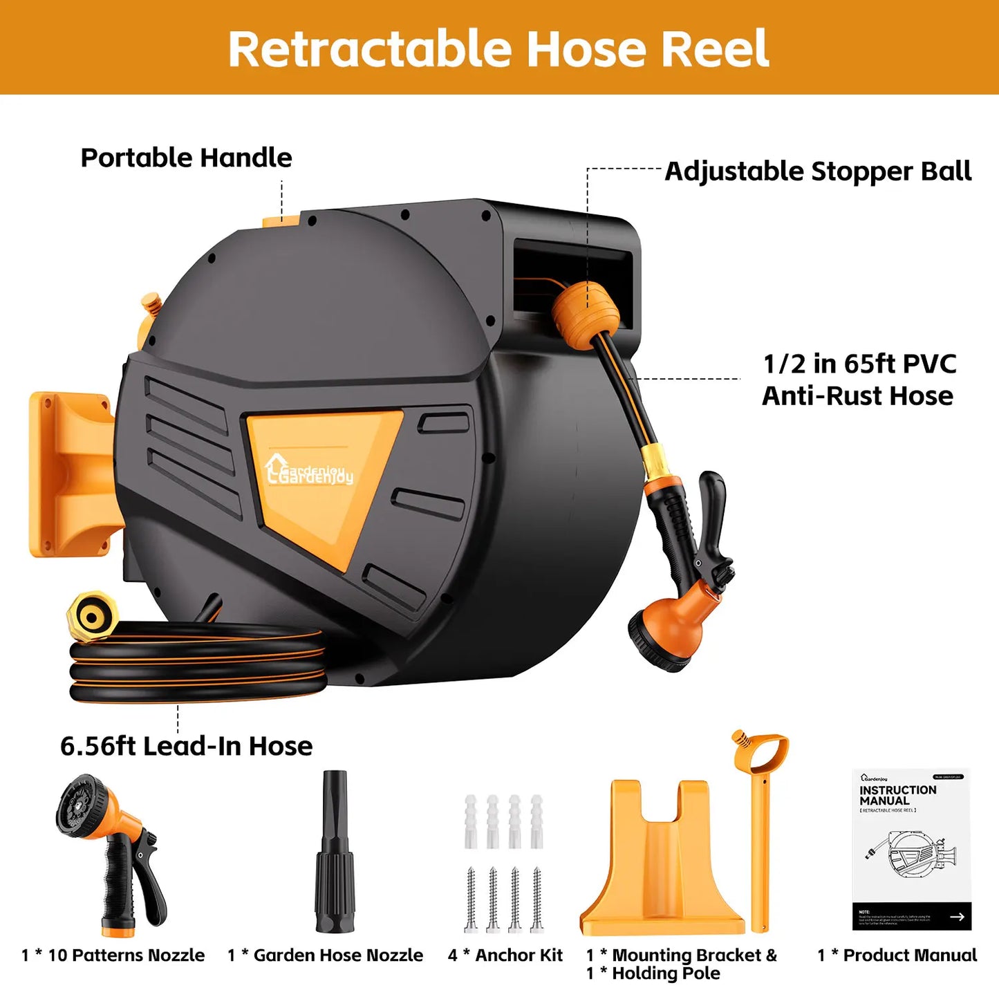 GardenJoy Retractable Garden Hose Reel 1/2in 65ft Wall Mounted