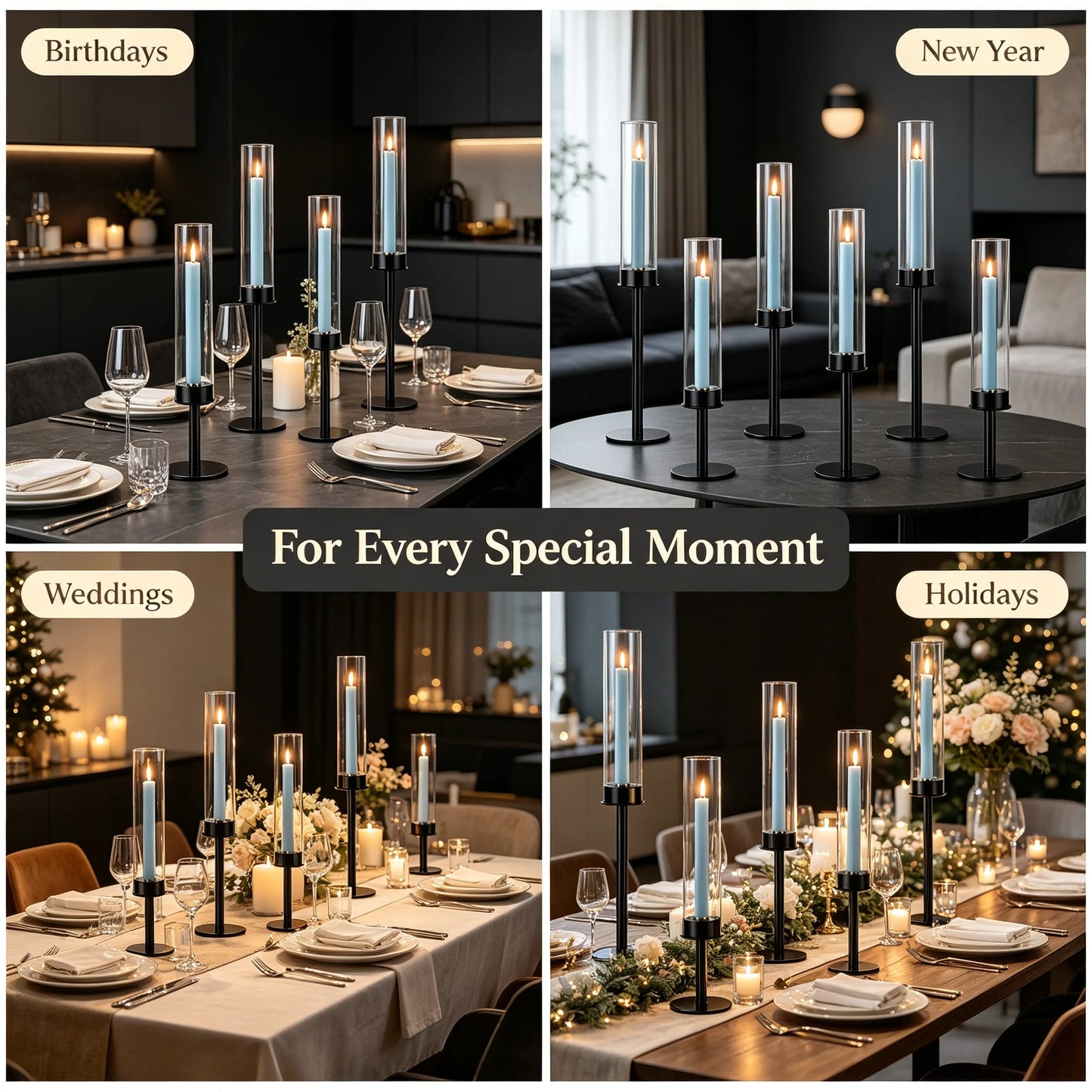 3pcs Black Minimalist Hurricane Candle Holder Set with Stable Base Modern Table Ornament for Dining Table Wedding Indoor Decorat
