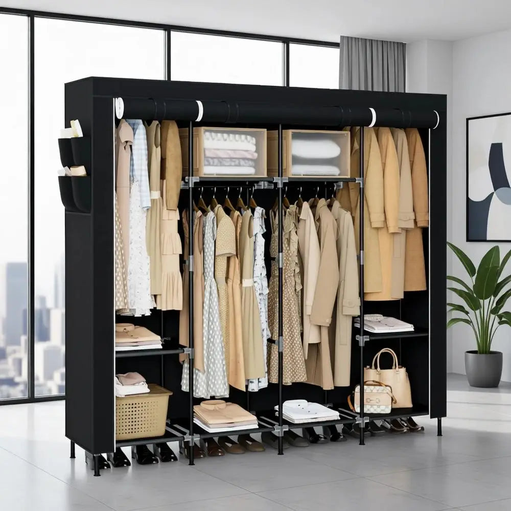 66.9 Inch Large Capacity Wardrobe Closet with Cover, Clothes Storage Organizer, 4 Hanging Rods, Shelves, Easy Assembly, Black