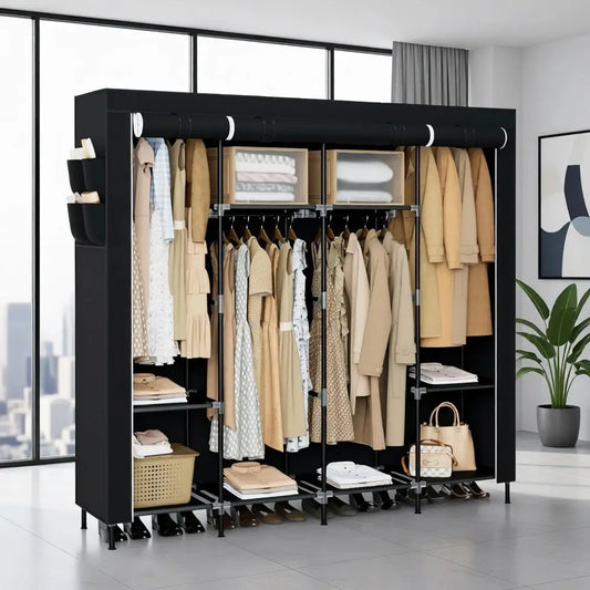 66.9 Inch Large Capacity Wardrobe Closet with Cover, Clothes Storage Organizer, 4 Hanging Rods, Shelves, Easy Assembly, Black