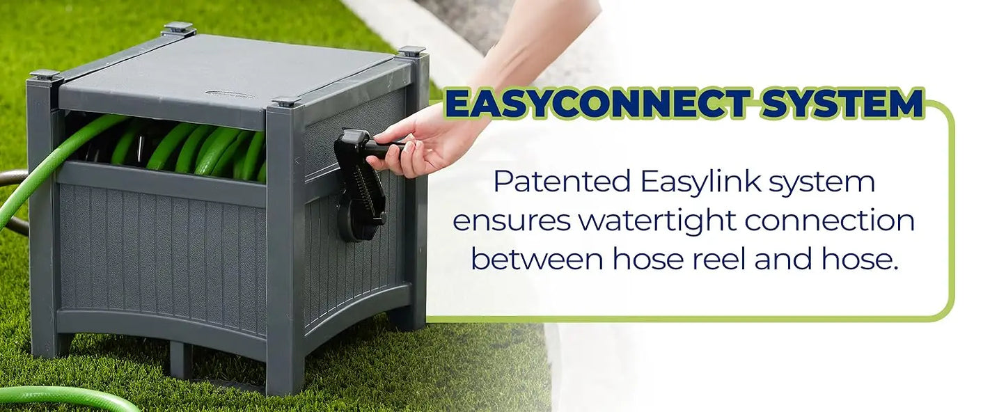 Suncast Cyberspace Grey Garden Hose Storage Reel Box Resin Outdoor Container Holds 100FT 5/8 Inch Water Line No Assembly Require