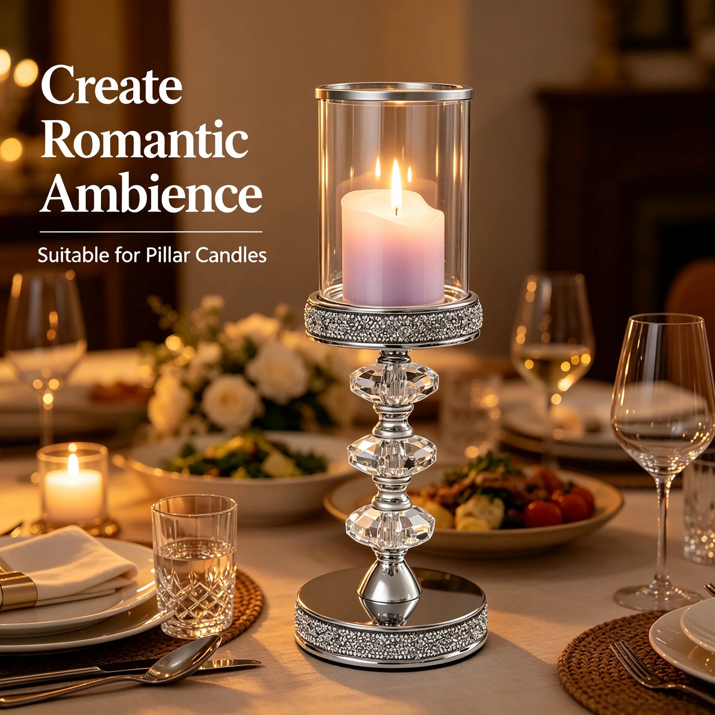 Crystal Candle Holder with Windproof Glass Cover, Hexagon Crystal Ball Candlestick with Anti-Tip Magnet Base, Tabletop Centerpiece Decor for Home Wedding Party, Silver/Clear