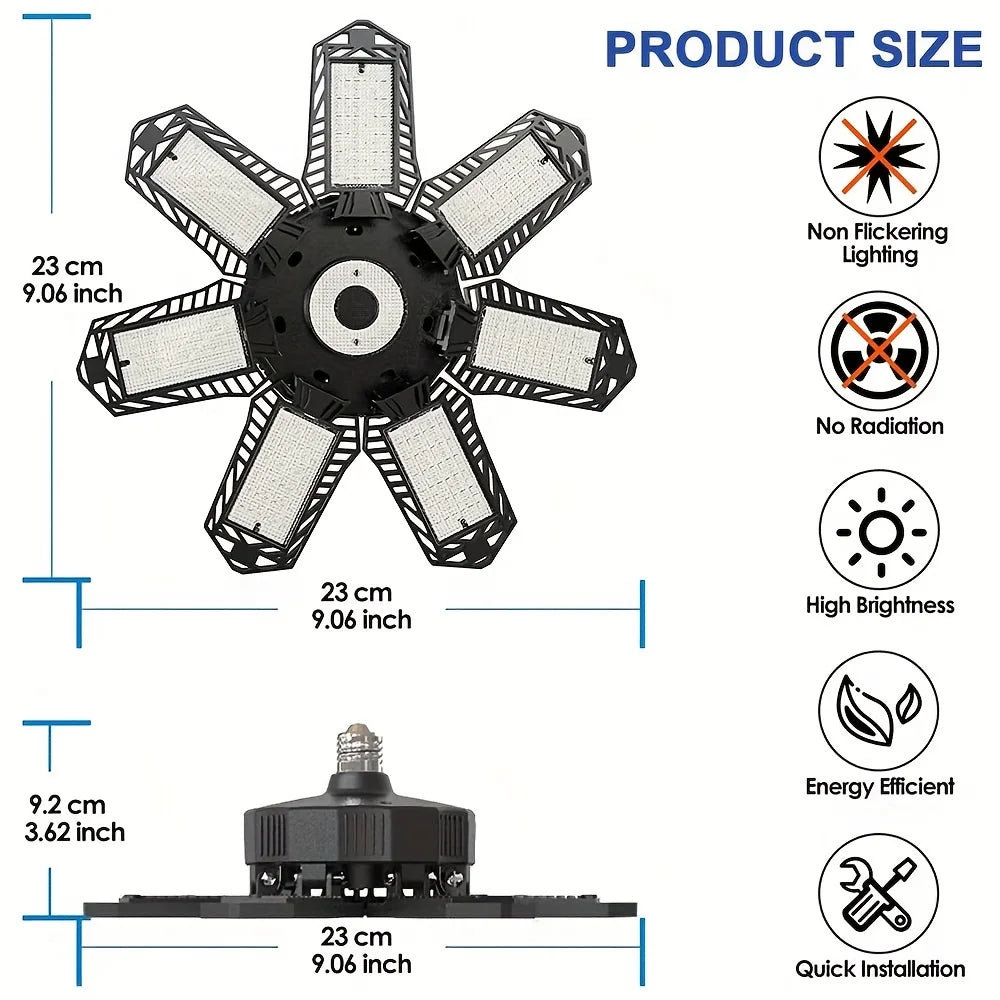 LED Garage Lights with 7/10+1 Adjustable Panels E26/E27 Ceiling Shop Work Lamp 150W 6500K Bulb for Workshop Industrial Lighting