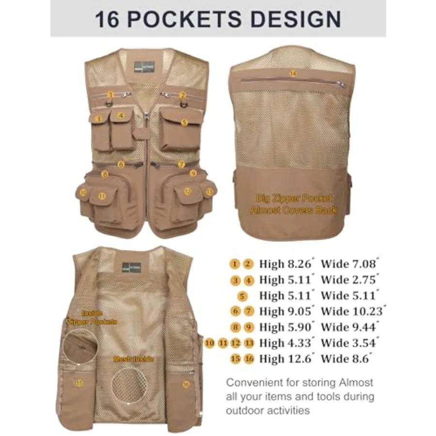 Men's Fishing Vest Utility Lightweight Outdoor Travel Safari Photo Cargo Vest with 16 Pockets