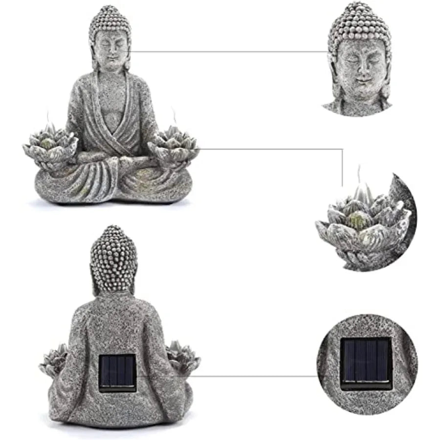 Buddha Statue Zen Sculpture 11.4in Yoga Garden Decor with LED Solar Lotus Lights, Sitting Meditating Buddha Serene Resin Figuri