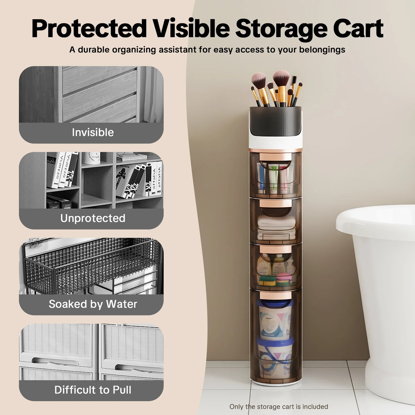 Slim Bathroom Storage, PP Material, Large Bottom Drawer 5.71x15.7x11.61Inch with 3 Small Drawers, 4-Drawer Makeup Organizer for Bedroom, Office