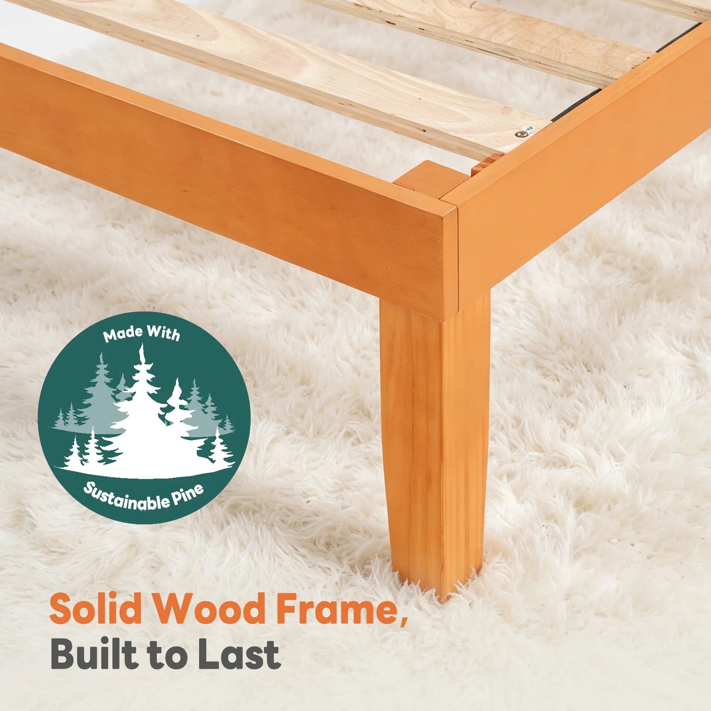 MCQ 14 Inch Thick Solid Wood Bed Frame 700 lbs Capacity Platform Bedframe with Wooden Slats Support Noise-Free No Box Spring Needed Easy Assembly