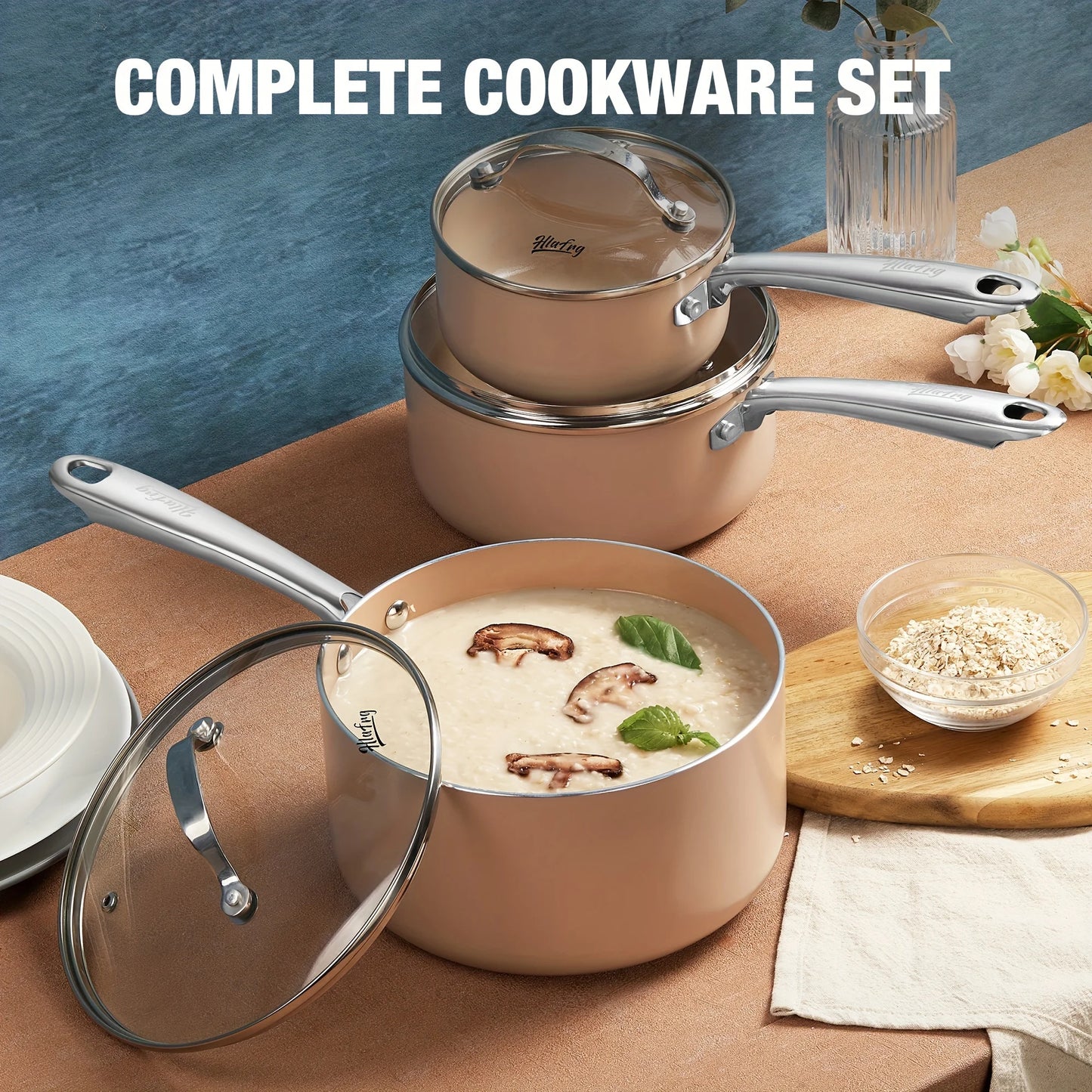 6pcs Nonstick Saucepan Set with Lids, Pot Set, Ceramic Coating, Less Oil and Easy to Clean, Stainless Steel Handle, Oven Safe