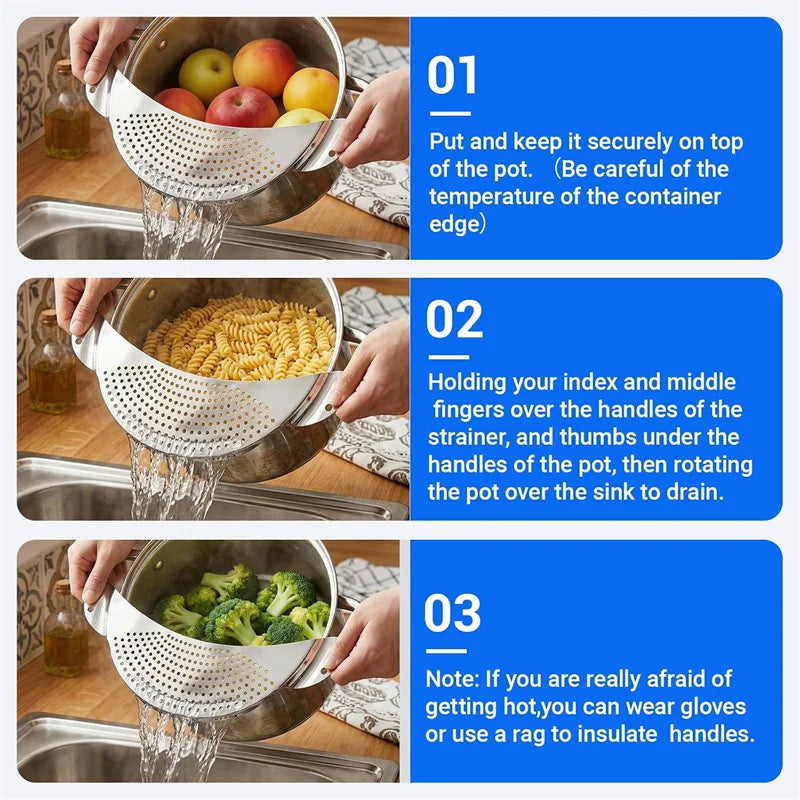 Stainless Steel Pot Strainer Kitchen Colander with Handle Held Crescent Drainer Pan Crescent Pot Strainer Pasta Noodles Strainer