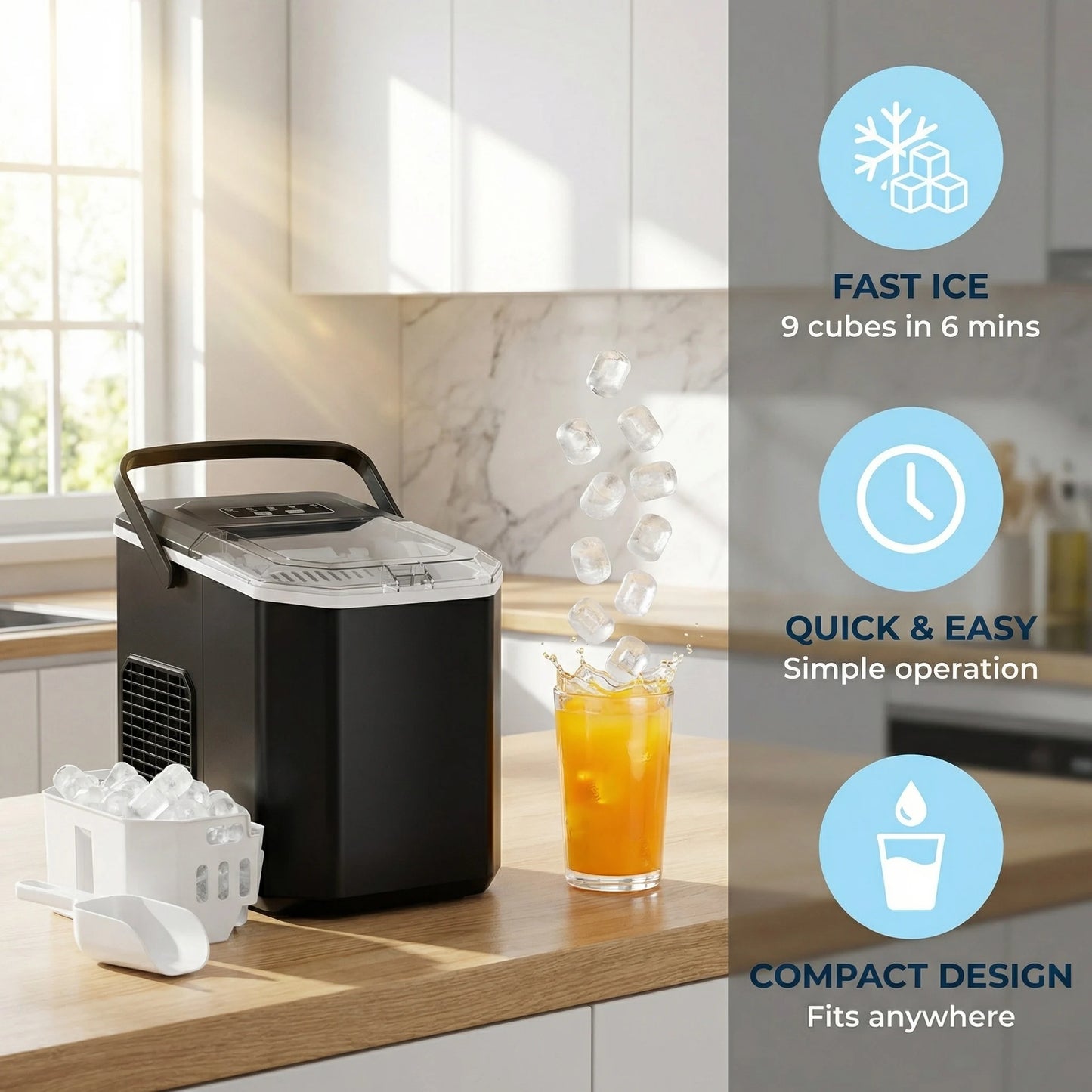 Ice Maker Countertop Machine with Handle, 26lbs in 24h, 9 Ice Cubes Ready in 6 Mins, Self-Cleaning Ice Makers with Basket and Scoop, Ideal for Home, Kitchen, Camping, RV
