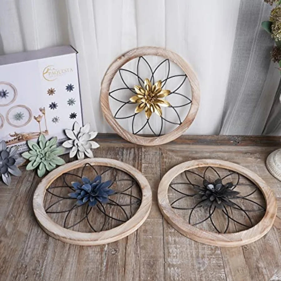 3 Pcs Round Farmhouse Wall Decor with 6 Pcs Interchangeable Flowers 12'' Medallion Wood and Metal Rustic Wall Art for Living Ro
