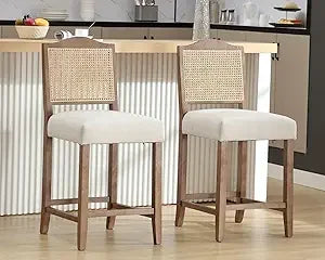 Rattan Farmhouse Bar Stools Set Of Two Upholstered