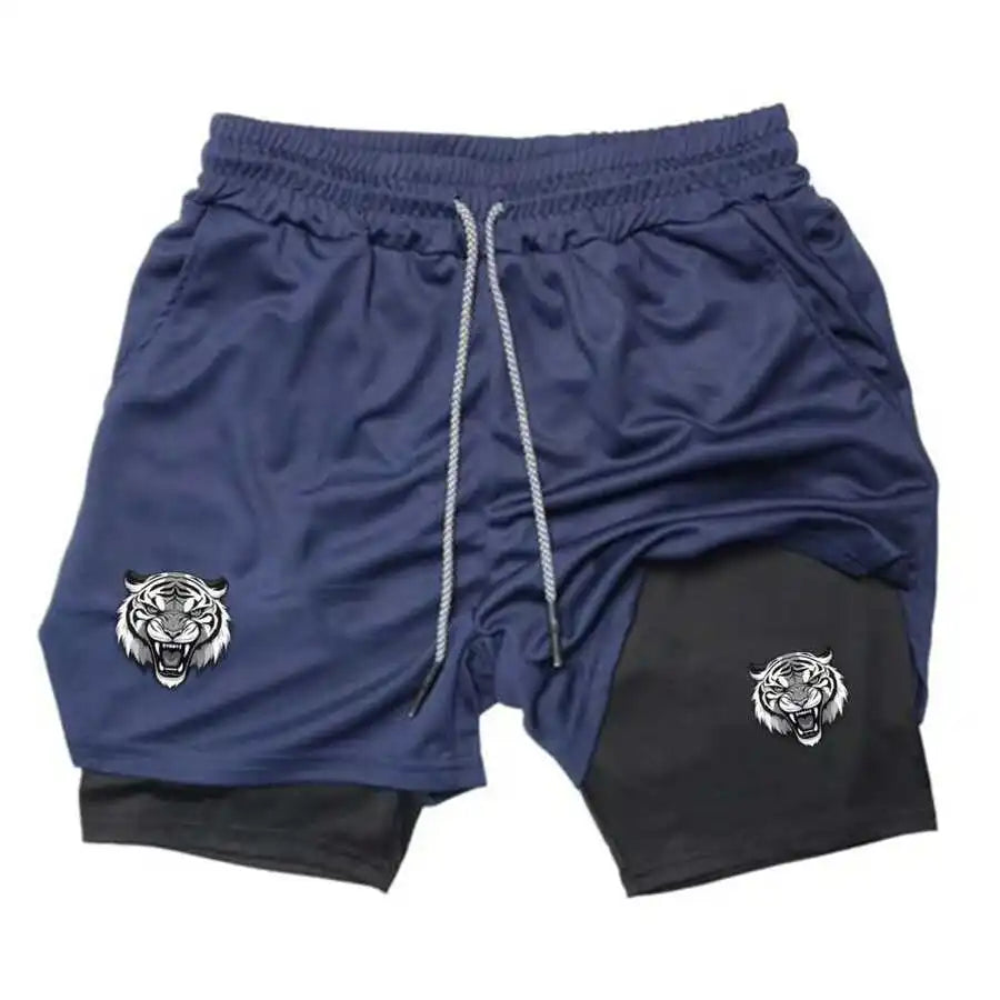 Mens Angry Tiger Graphic 2-In-1 Quick Dry Sports Shorts For Gym Running