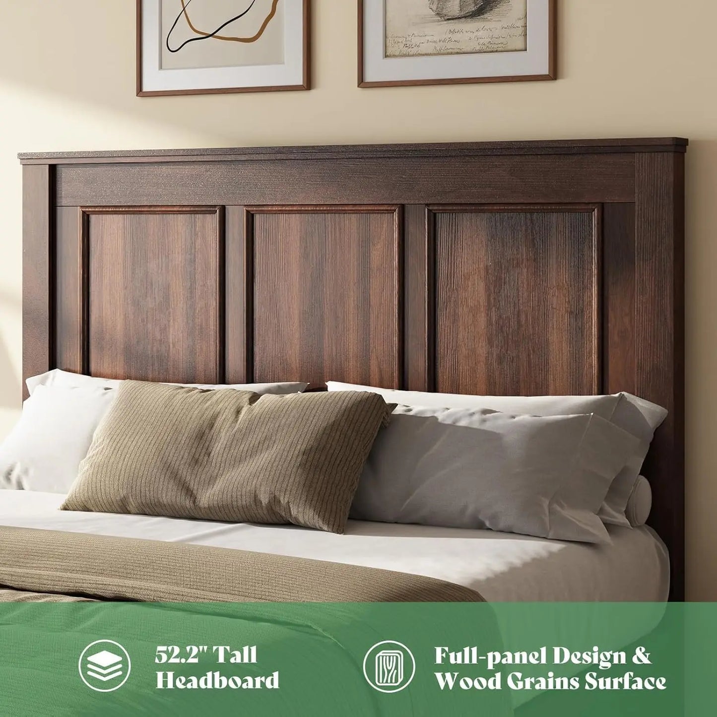 52.2" Queen Size Farmhouse Bed Frame with Headboard, Rustic Brown | Tall Panel Headboard & Footboard, Wood Platform Bed, Custom