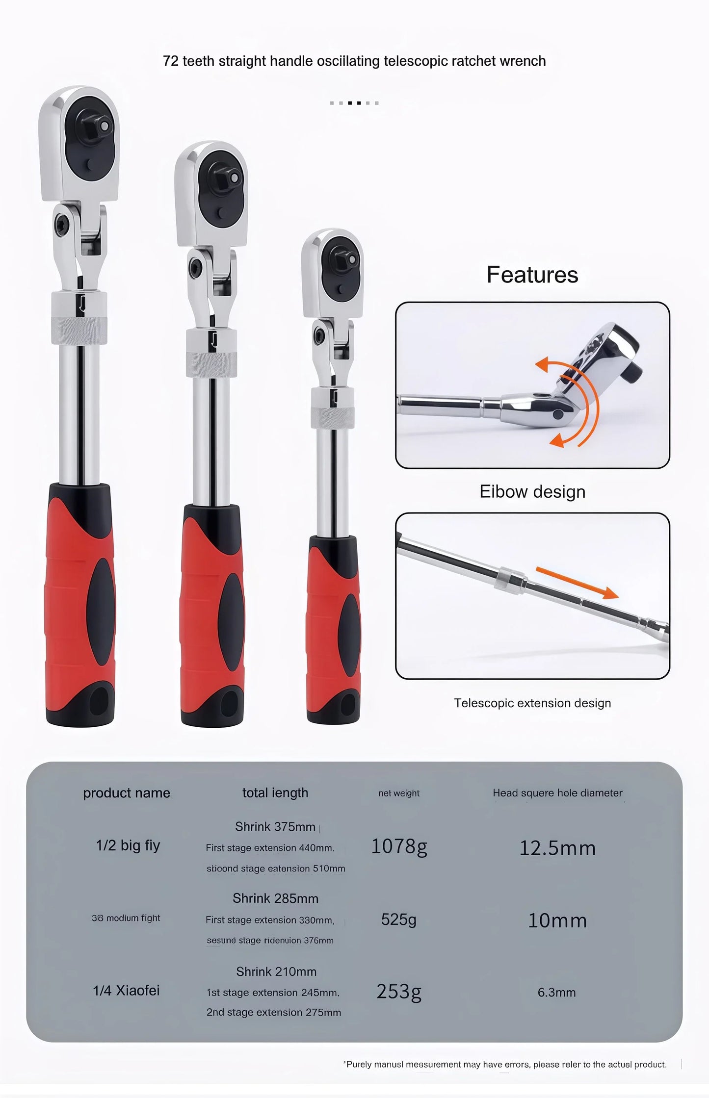 Durable Chrome Vanadium Steel Ratchet Wrench Set - 72 Teeth, Telescopic Handle, Quick Release - 1/2, 3/8, 1/4 Inch for Car, Moto