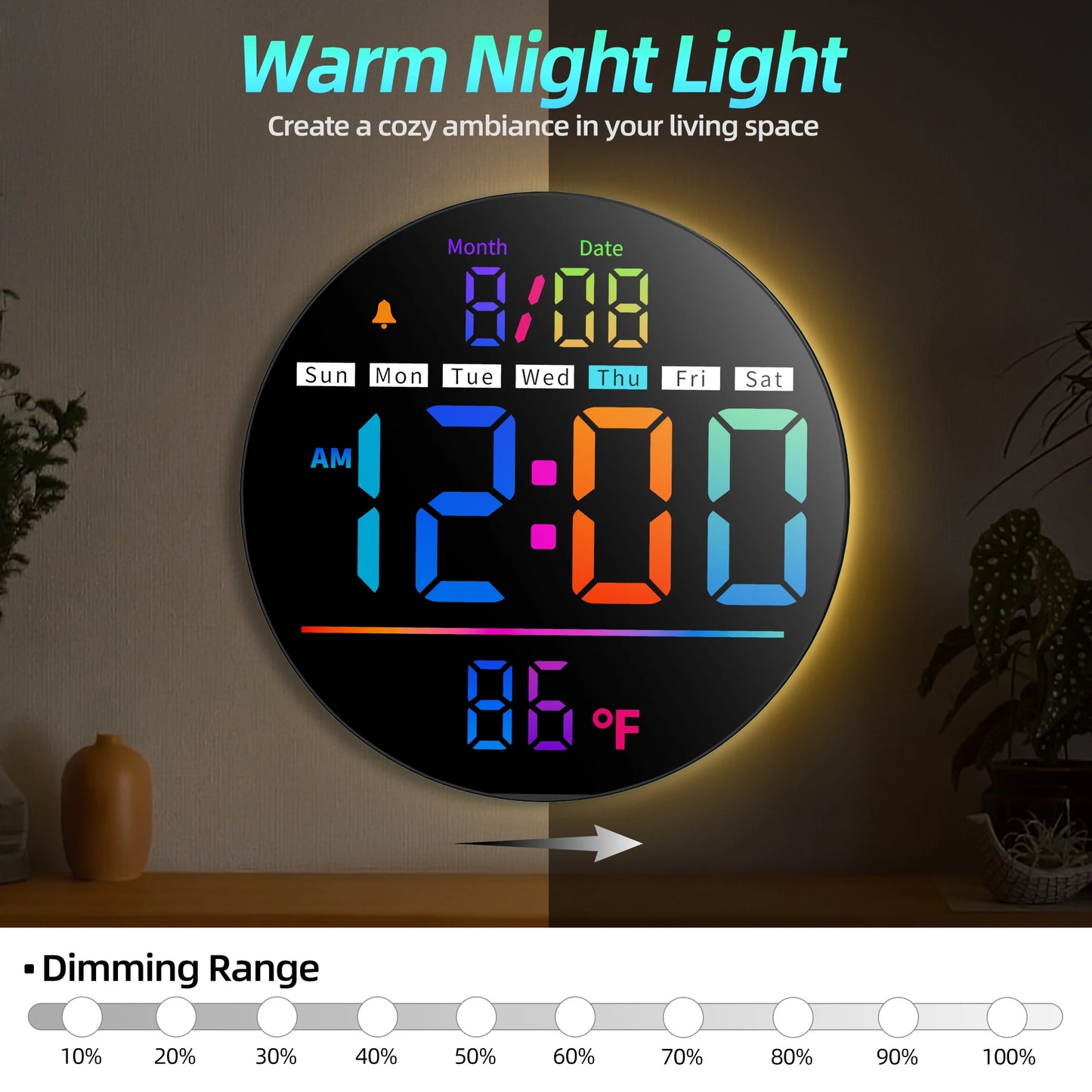 8‘’LED Wall Clockwith Timer,Temperature,Date,Night Light,RGB Color,Alarm,5-Level BrightnessDigital Clock for Classroom,Bedroom