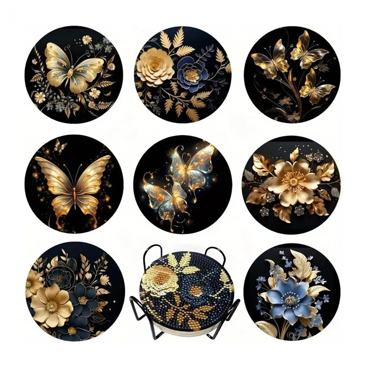 8 pieces/set of dog, beach, lighthouse pattern diamond painted coaster set, sparkling rhinestone heat-resistant beverage mat wit