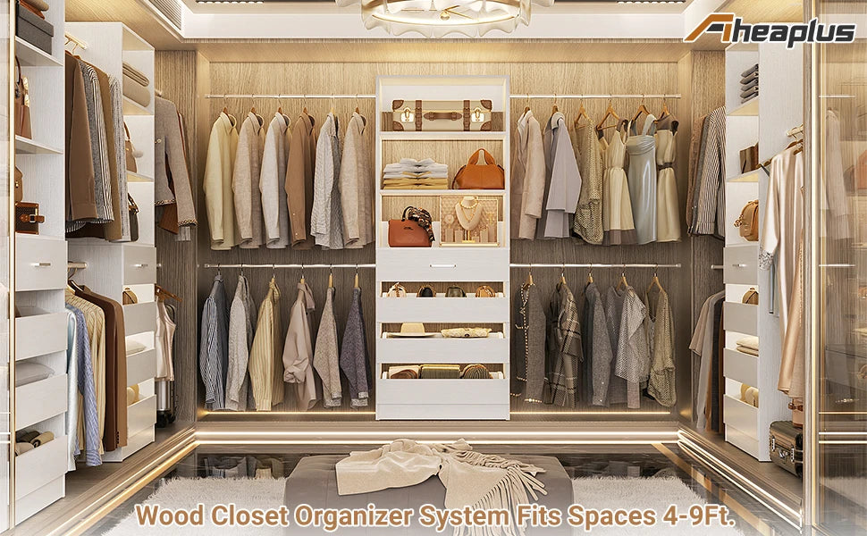 4-9Ft Closet System with 4 Wooden Drawers, Walk-in Closet Organizer Wardrobe Clothes Rack with 4 Hanging Rods, Garment Rack