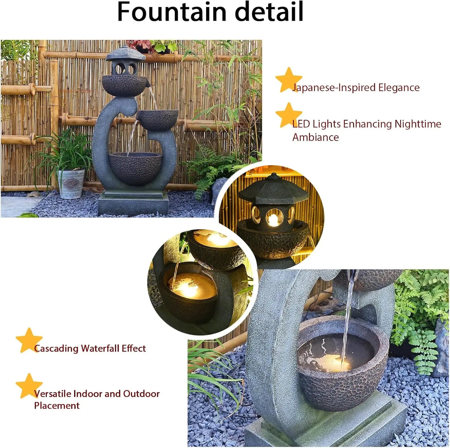 Water Fountain Outdoor Zen Feature - Garden Tranquil Pagoda Waterfalls Fountains Bowl with LED Lights & Pump for Patio Yard Porc