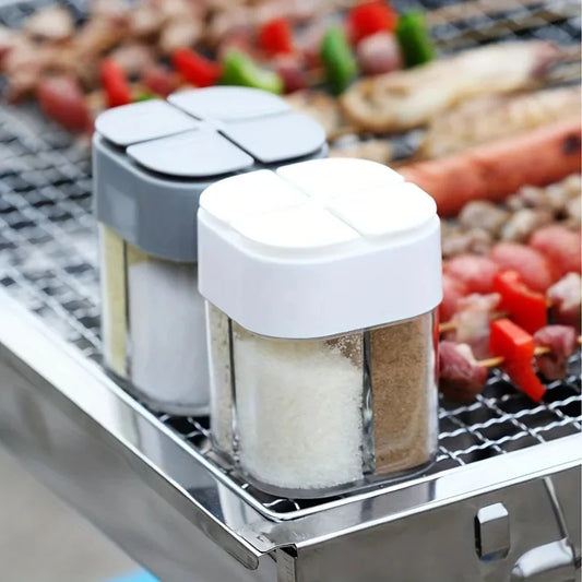 4in1 Camping Spice Shaker Multifunctional Spice Pot with Lid 4 Compartments for Outdoor BBQ Cooking Salt Pepper Storage Box