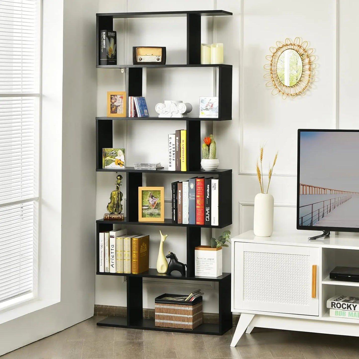 6 Tier S Shaped Bookshelf, 31.5L x 9W x 75H Wooden Bookcase