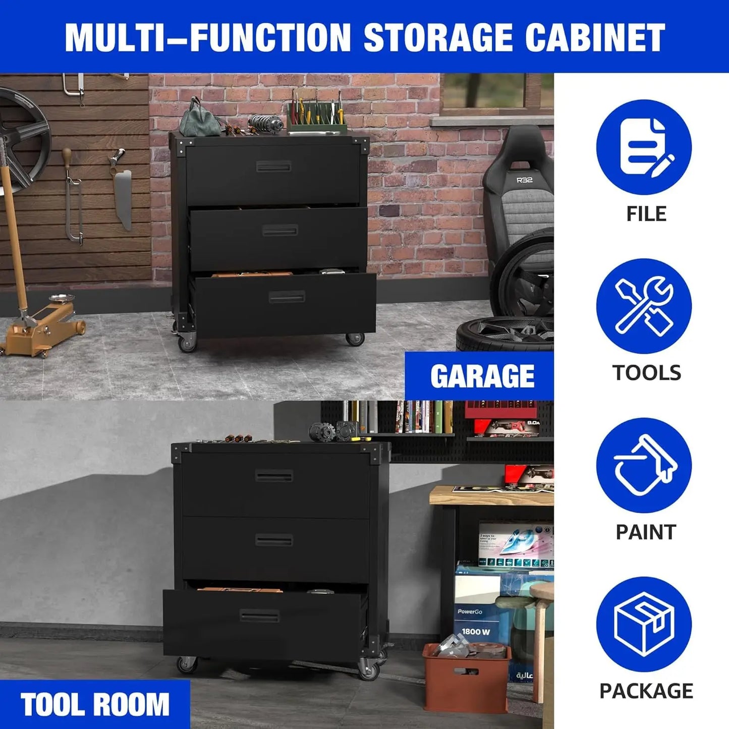 Metal Garage Cabinet with Wheels Mobile Storage Cabinet with Three Drawers for Utility Room Home Office Garage Assembly Required