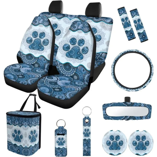 Boho Mandala Dog Paw Print 13Piece Car Accessories Set with Universal Fit Includes 4 Car Seat Covers 1 Steering Wheel Cover 1 T