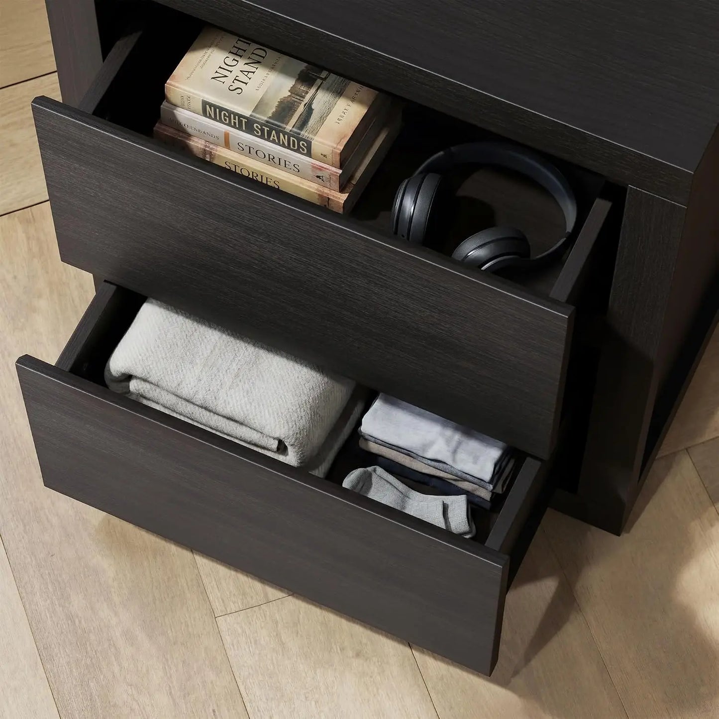 Set of 2 Wooden Nightstands With 2 Handle-Free Storage Drawers, Thickened Bedside End Side Table For Bedroom Black Finish