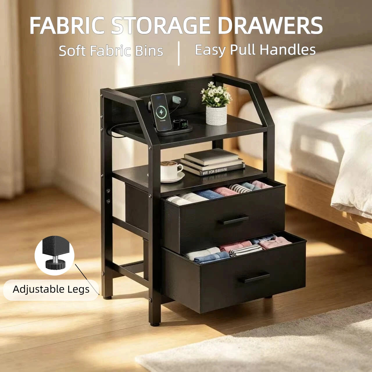 Frodrovia Nightstand With LED Light Charging Station And Drawers