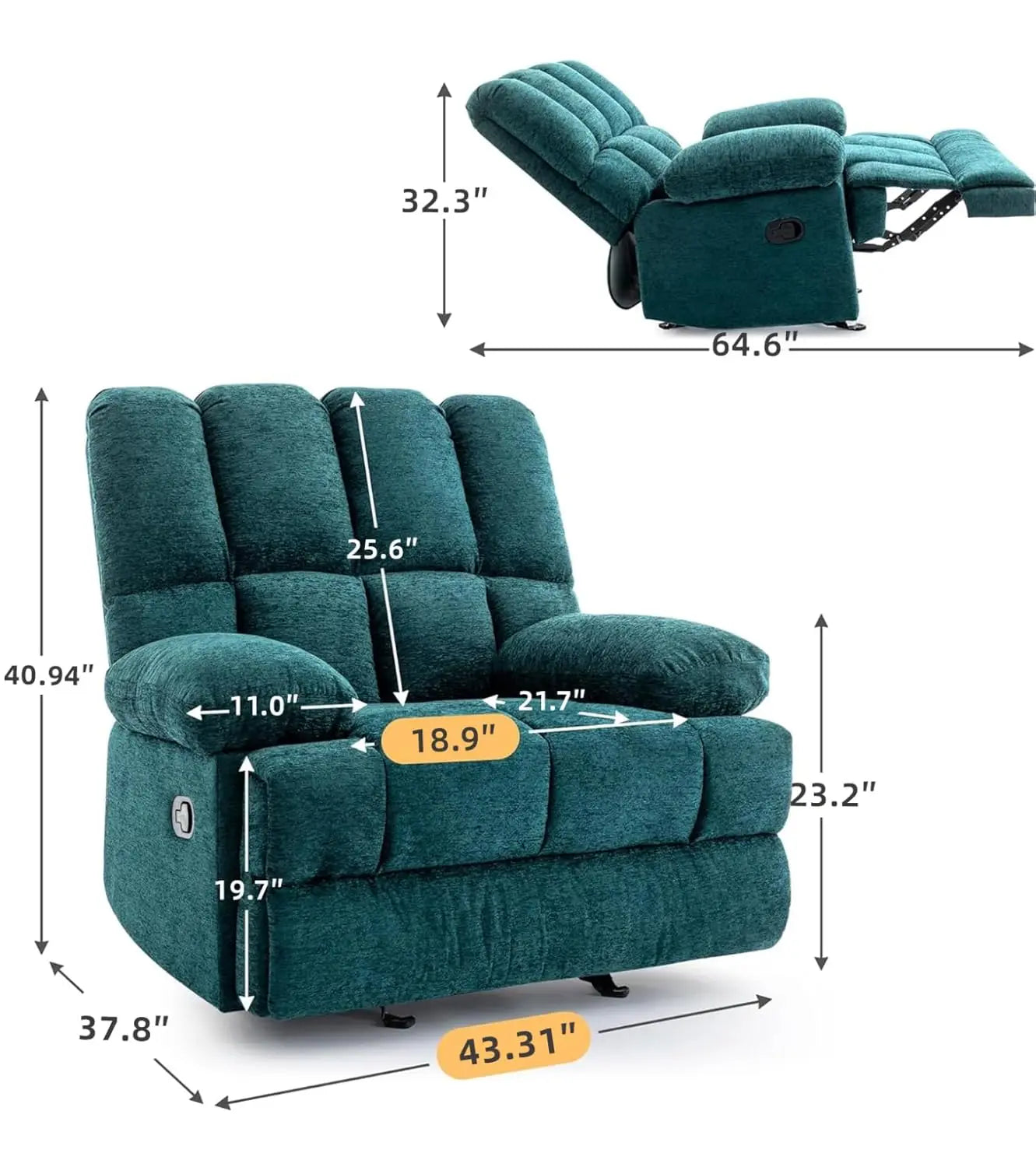 Oversized Rocker Recliner Chair Manual Soft Big Man 350 LBS Living Room Teal, Customized