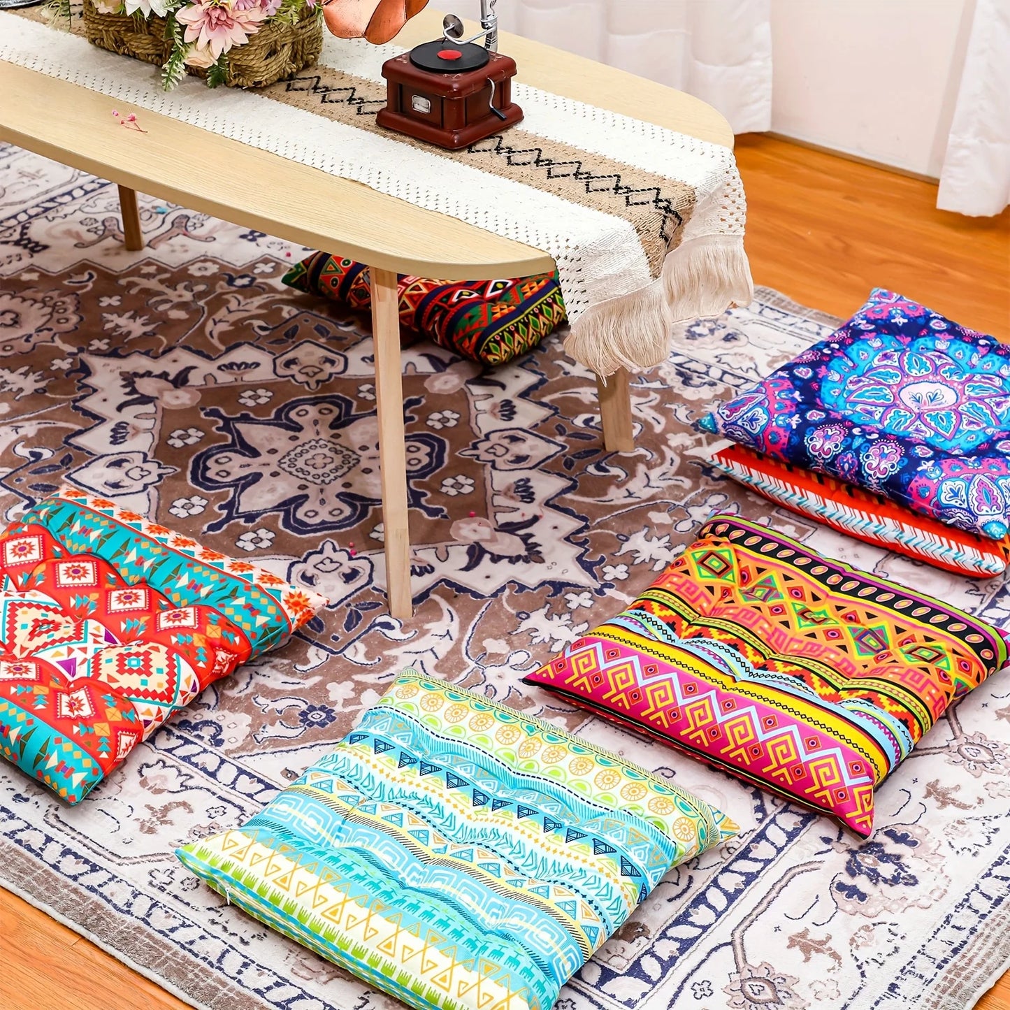 6pcs Bohemian Floor Pillows Seating 15 Inch Boho Floor Cushions Sitting Pillows for The Floor Square Yoga Mandala Meditation Pou