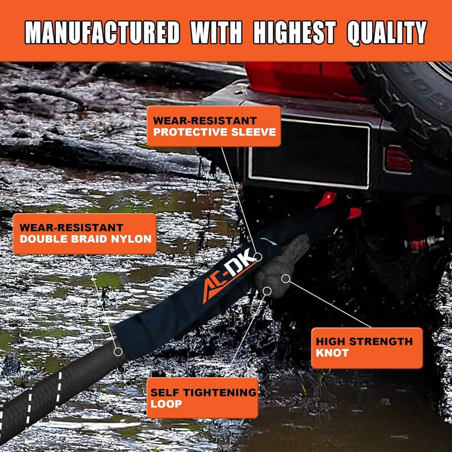 Kinetic Recovery Rope 1in x 30ft 48,500lbs Snatch Strap, Heavy Duty Nylon Towing Ropes with Soft Shackles for Offroad Vehicle