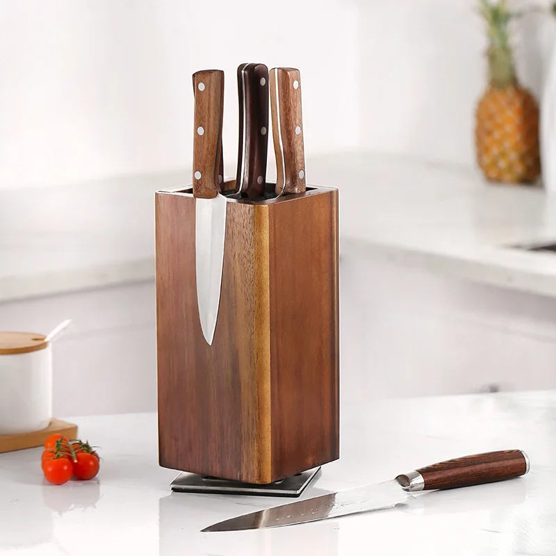 1Pc 360°Rotating Magnetic Knife Block Wood Universal Knife Holder 4‑Side Ultra‑Strong Magnets Knife Storage Rack with Removable Bristles Multifunctional Kitchen Countertop Knife Organizer