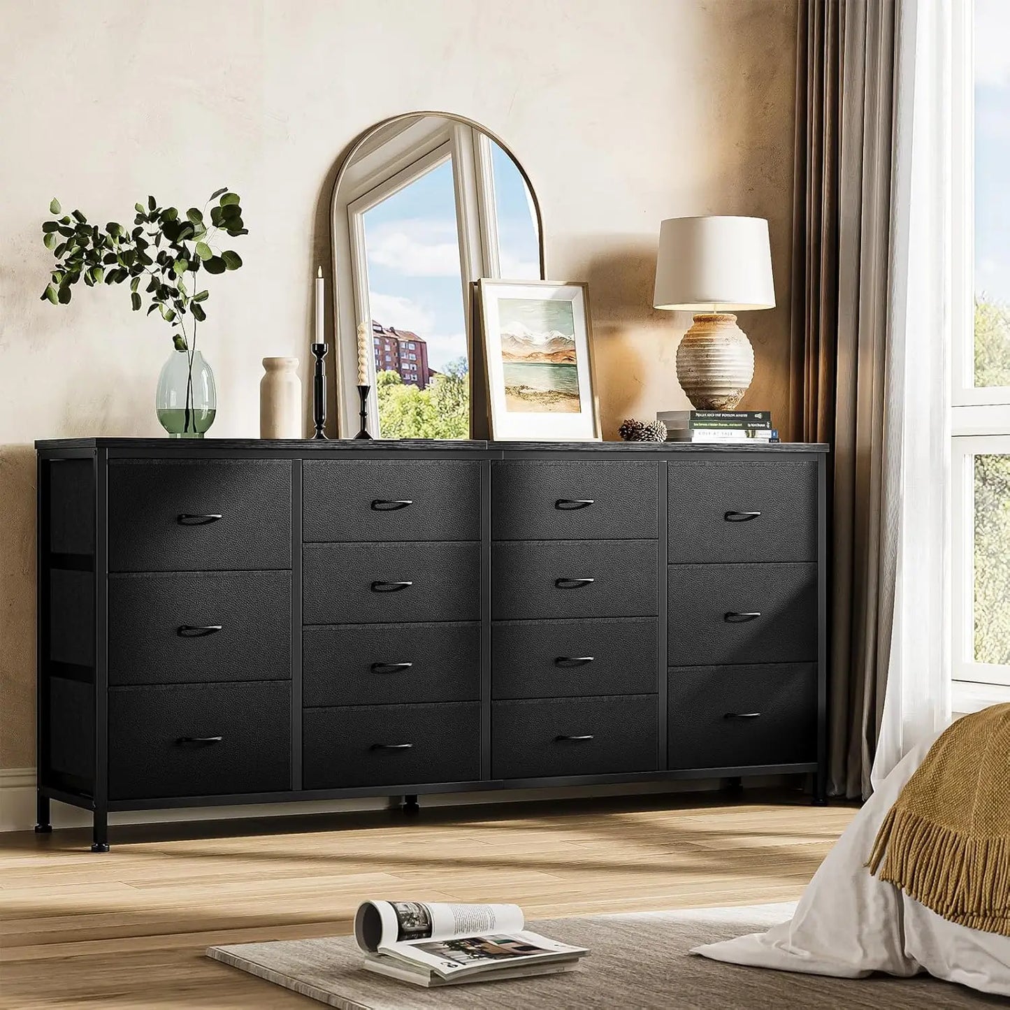 14 Drawer Dresser 63 in Black Fabric Dresser TV Stand with Power Outlet for 65 70 75 in TV Long Entertainment Center for Bedroom