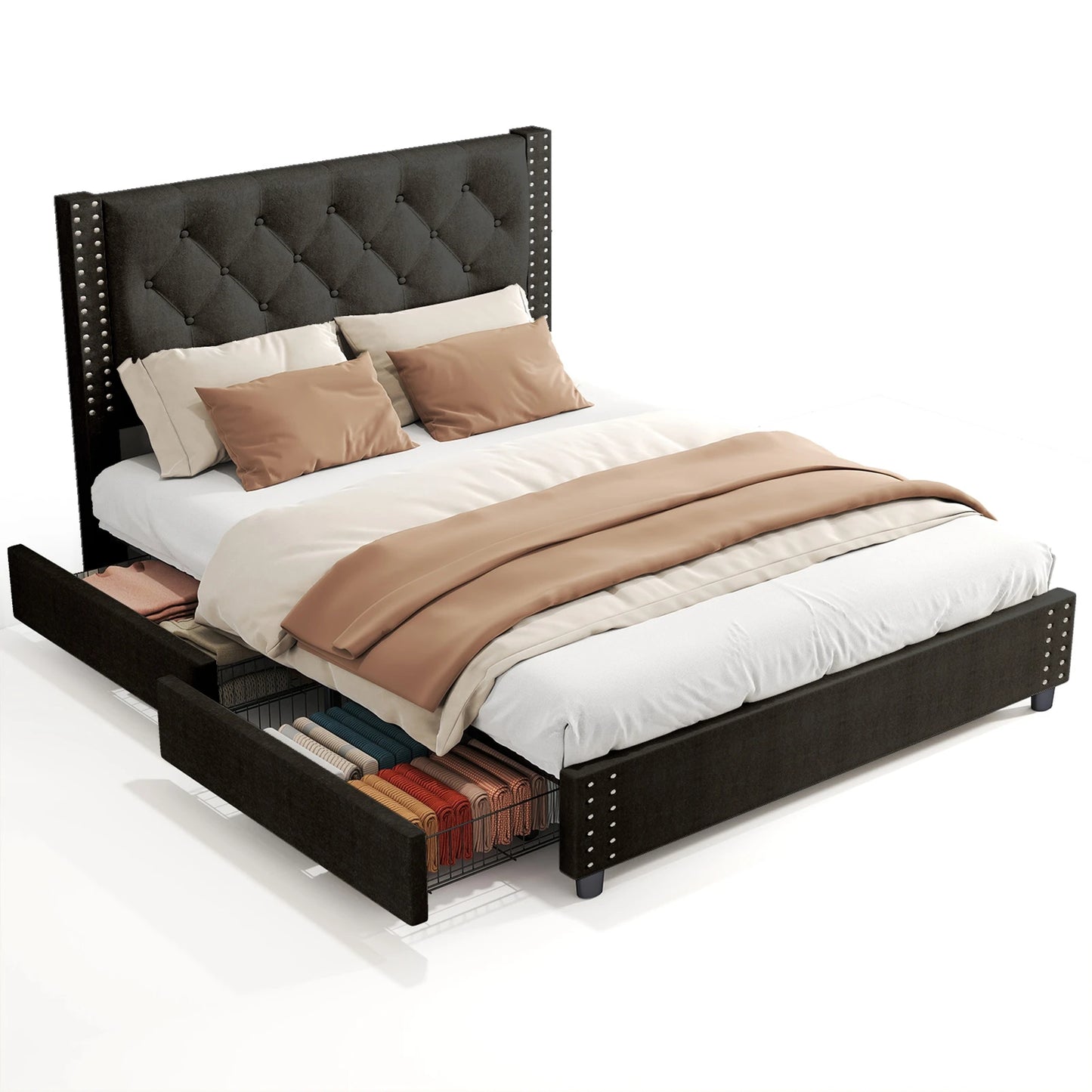 81.50×55.12×48.43inch Full Size Bed Frame w Upholstered Button Tufted Headboard Wood Slat Support Metal Platform Bed Frame