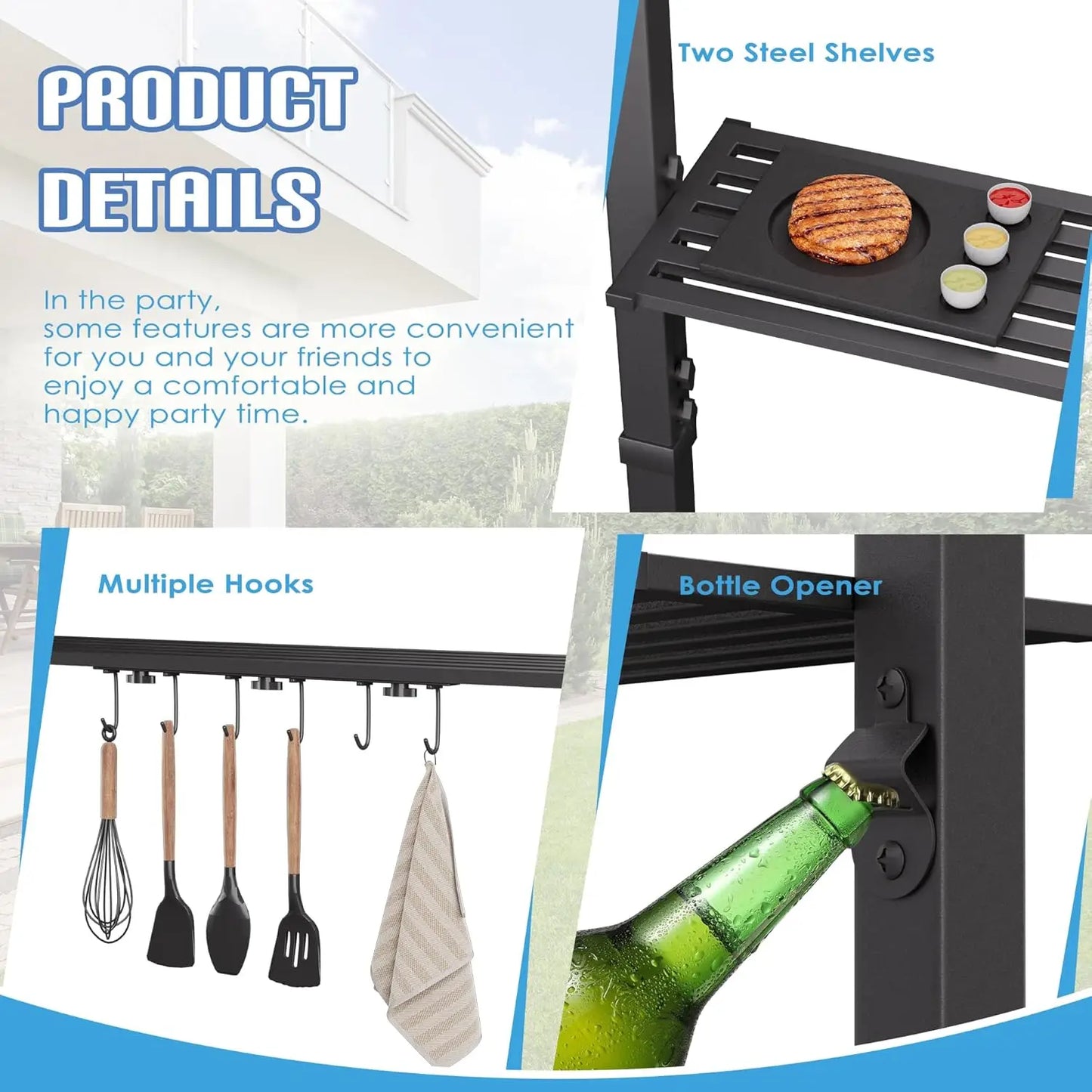 8x8x5 FT BBQ Grill Gazebo Outdoor, Double Tired Patio Canopy Tent with Side Awning Shelves, Barbecue Shelter with, Customized