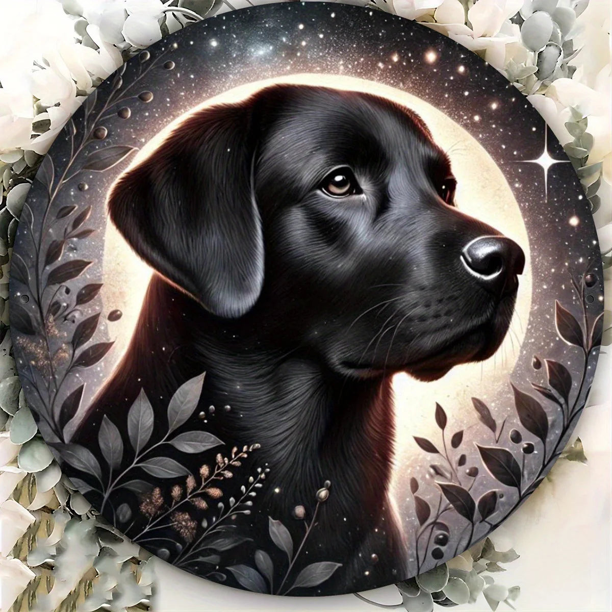 Charming Black Labrador and Kitten 7.8" Round Metal Wall Art - Starry Night Sky Design, Ideal for Home, Garden, Kitchen, Bar, Ca