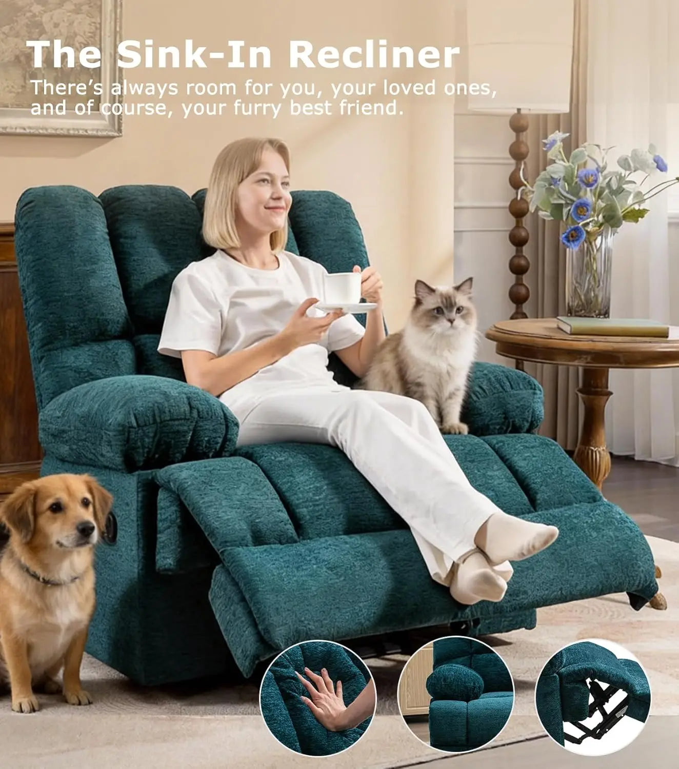 Oversized Rocker Recliner Chair Manual Soft Big Man 350 LBS Living Room Teal, Customized