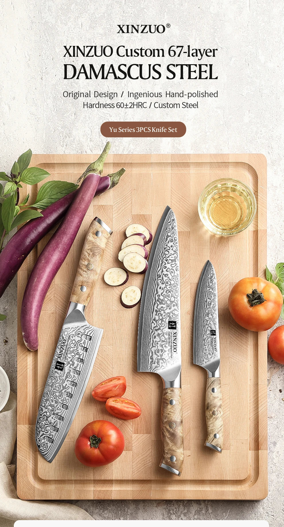 XINZUO 1-3PCS Damascus Steel Knife Set Chef Santoku Utility Knives 67 Layers Super Steel Figured Sycamore Brass Rivets 60HRC