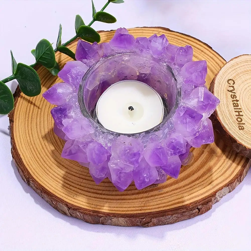 KIKOWHY Handmade Natural Amethyst Cluster Tealight Holder, Raw Gemstone Crystal Candle Holder, Rustic Earthy Aesthetic Craftsmanship, Crystal Accessories for Boho Home Decor & Spiritual Living Space